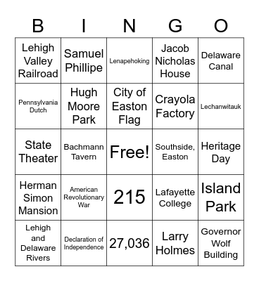 Easton, PA Bingo Card