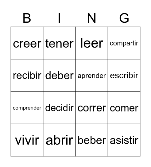 ER/IR Verb Meanings Bingo Card
