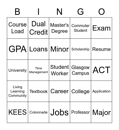 College 101 Bingo Card