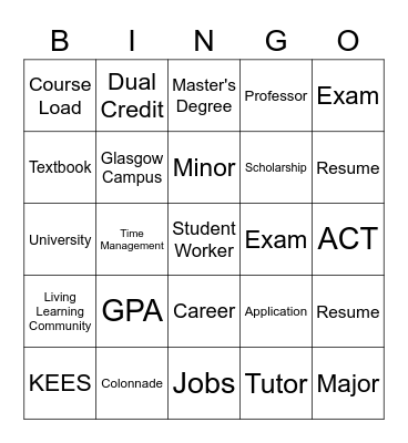 College 101 Bingo Card