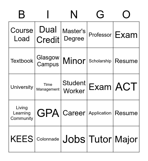 College 101 Bingo Card