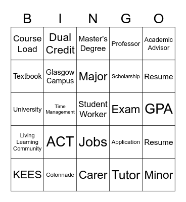 College 101 Bingo Card