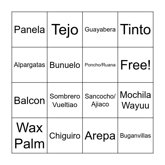 Colombia Bingo Card