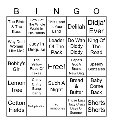 Elks Oldies Bingo Card