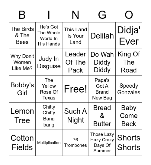 Elks Oldies Bingo Card