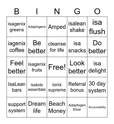 Isagenix Bingo Card