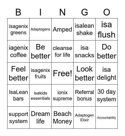 Isagenix Bingo Card