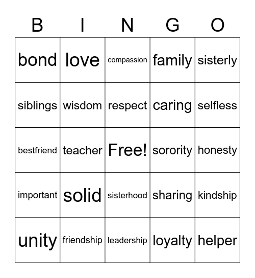 sister hood Bingo Card