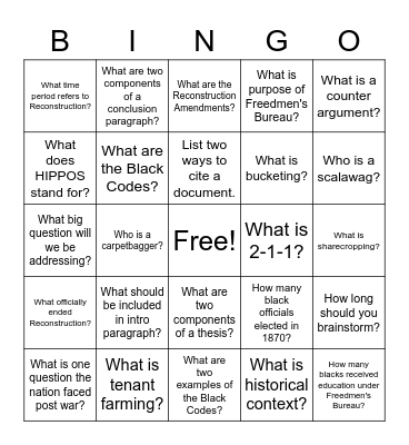 Reconstruction Notes Bingo Card
