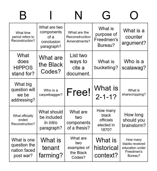 Reconstruction Notes Bingo Card