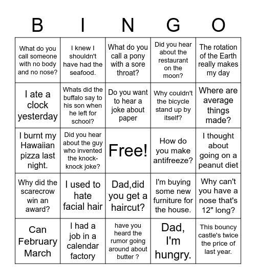 Dad Joke Bingo Card