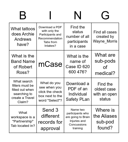 mCase Bingo Card