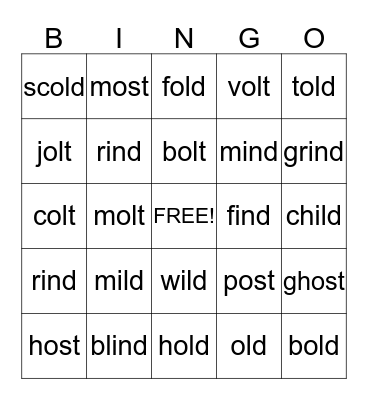 Long Vowel Exception Words Bingo Card