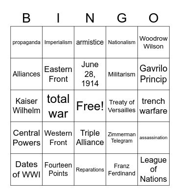 World War I Bingo Card