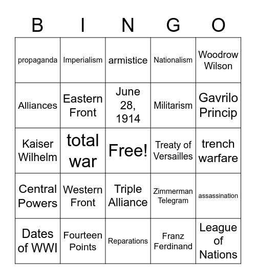 World War I Bingo Card