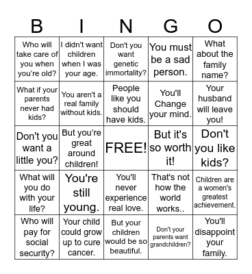 Childfree Bingo Card