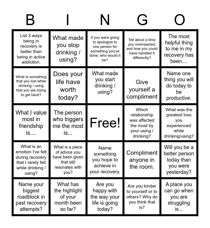 Recovery Bingo ALC Bingo Card