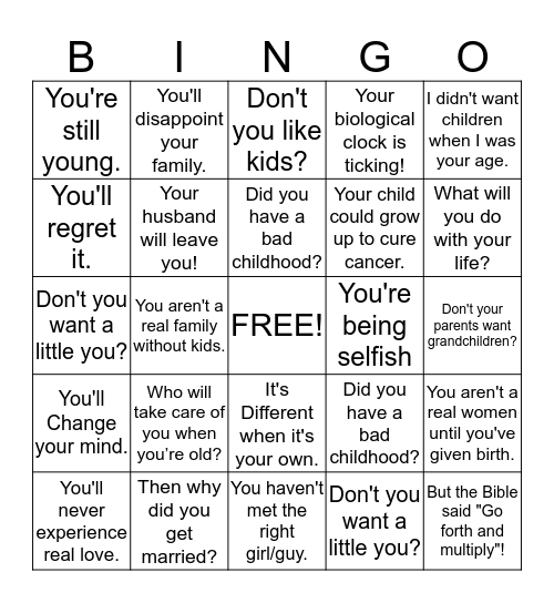 Childfree Bingo Card