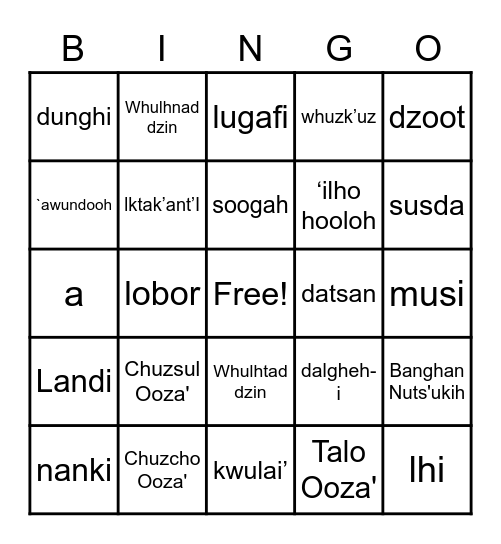 Dakelh Language Bingo Card