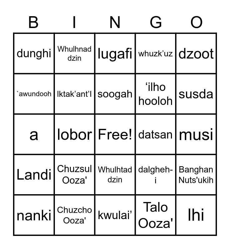 Dakelh Language Bingo Card