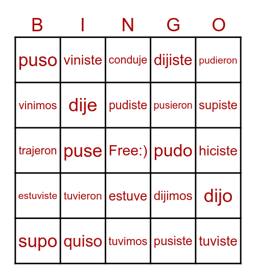 The Irregular Preterite Bingo Card