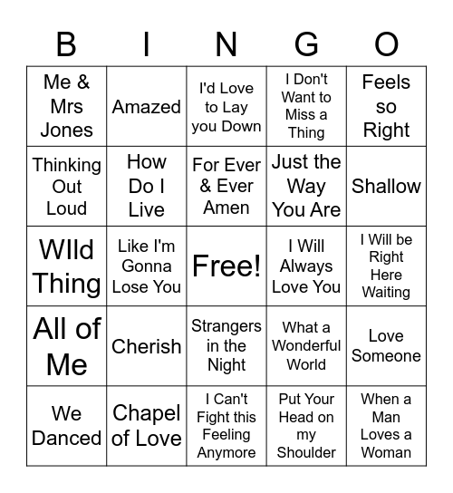 Amanda & Kenny's Love Songs Bingo Card
