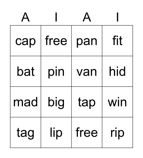 Short A and I Vowel Words Bingo Card