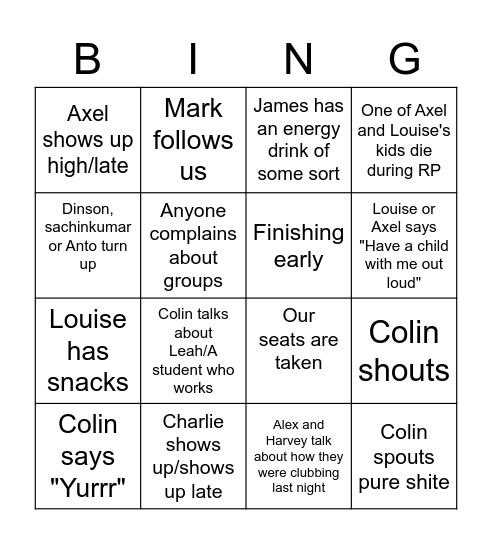 Colin Lectures Bingo Card