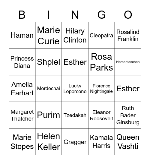 Women in History and Purim Bingo Card