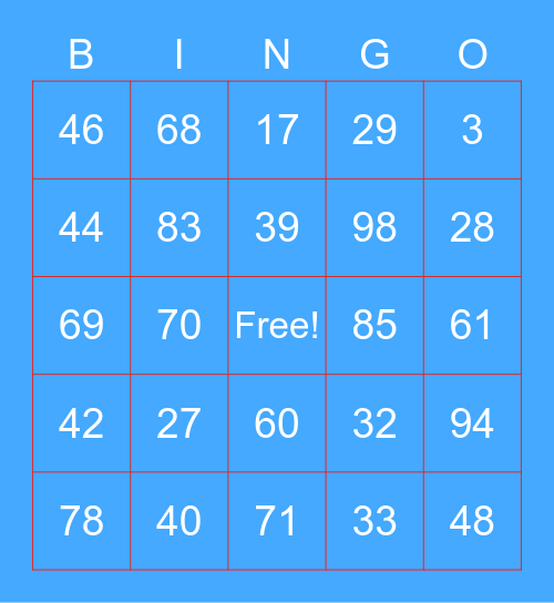 easy numbers Bingo Card
