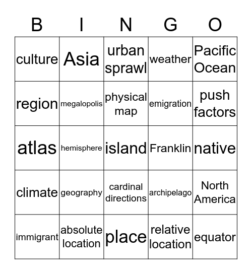 Introduction to World Geography Bingo Card