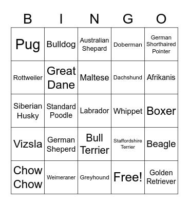 Dog Breed Bingo Card