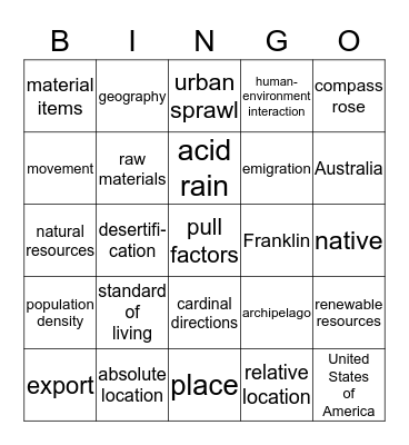 Introduction to World Geography Bingo Card