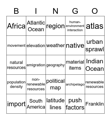 Introduction to World Geography Bingo Card