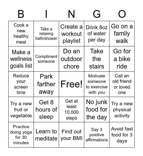 Virgin Pulse Wellness Bingo! Bingo Card