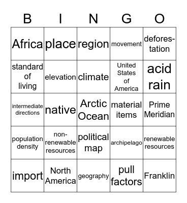 Introduction to World Geography Bingo Card