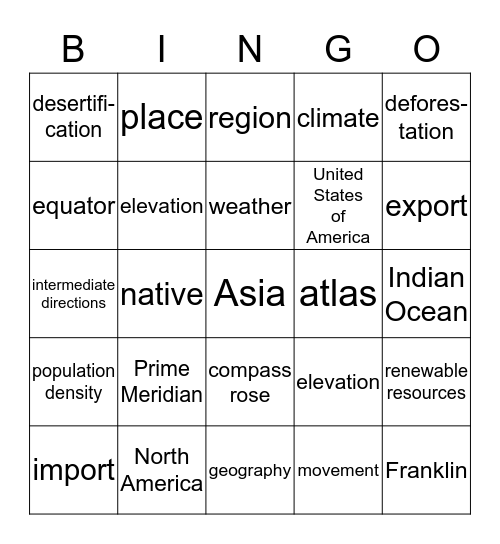 Introduction to World Geography Bingo Card