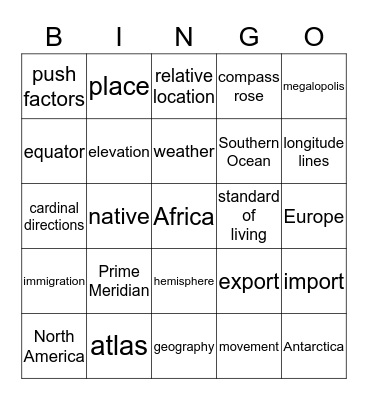 Introduction to World Geography Bingo Card