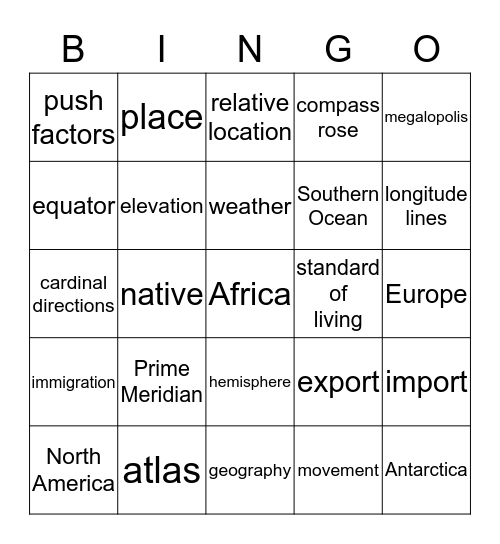 Introduction to World Geography Bingo Card
