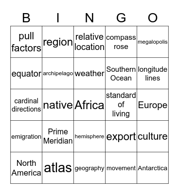 Introduction to World Geography Bingo Card