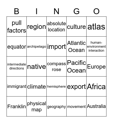 Introduction to World Geography Bingo Card