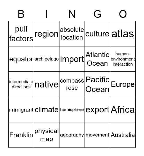 Introduction to World Geography Bingo Card