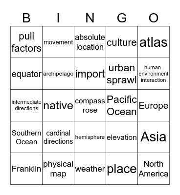 Introduction to World Geography Bingo Card