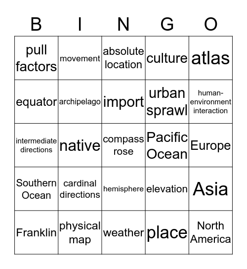 Introduction to World Geography Bingo Card