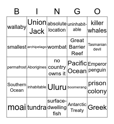 Pacific Oceania & Antarctica Bingo Card