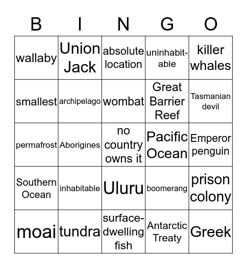 Pacific Oceania & Antarctica Bingo Card