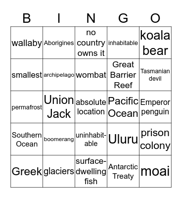 Pacific Oceania & Antarctica Bingo Card