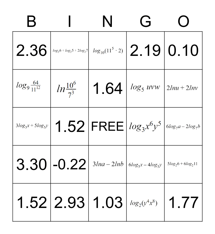 Eponential and Logarithm Bingo Card