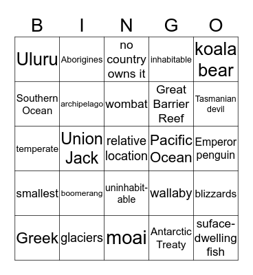 Pacific Oceania & Antarctica Bingo Card