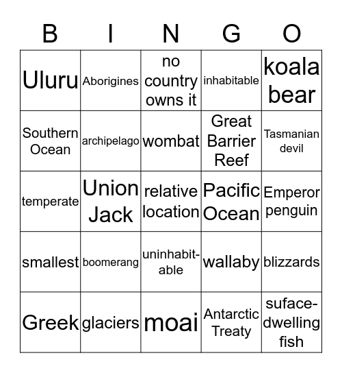 Pacific Oceania & Antarctica Bingo Card